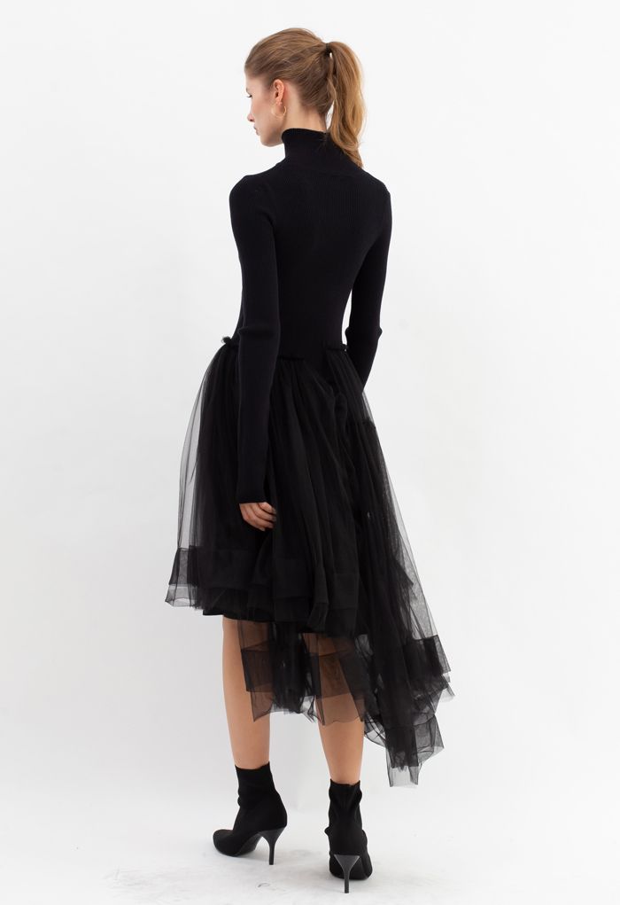 فستان شبكي محبوك بطبقات غير متماثلة باللون الأسود