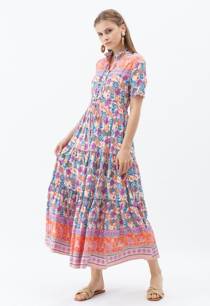 فستان بوهو ماكسي برباط على الخصر وأزرار من الأزهار باللون البنفسجي