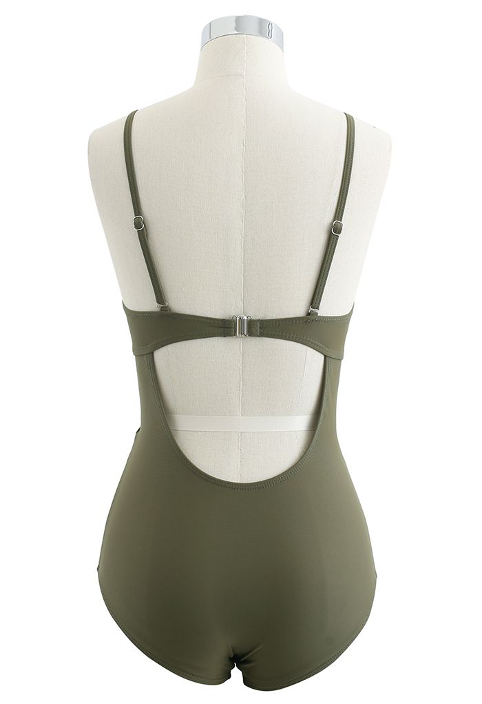 Cross Front Cutout Cami ملابس السباحة باللون الأخضر للجيش