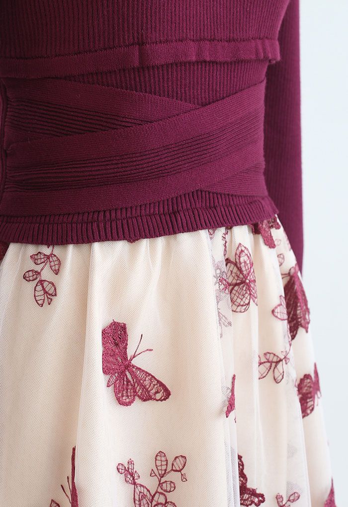 فستان منسوج شبكي منقوش على شكل فراشة ثلاثي الأبعاد باللون الأحمر