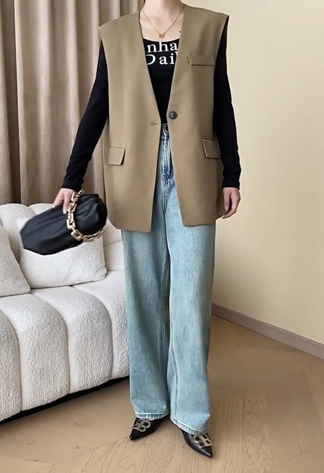 Flap Pocket Vest Blazer in Khaki