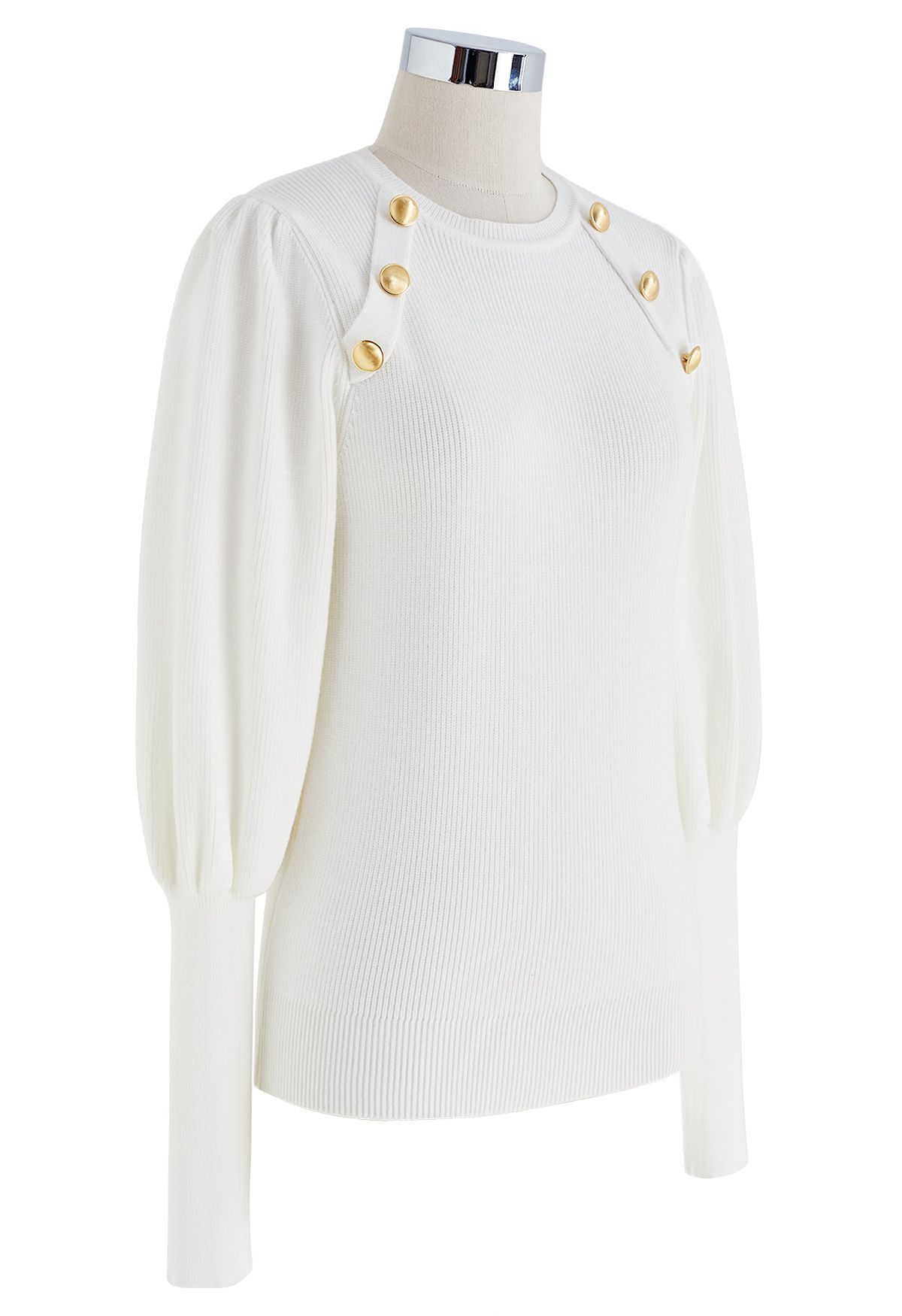 Bubble Sleeves Button Trimmed Knit Top in White
