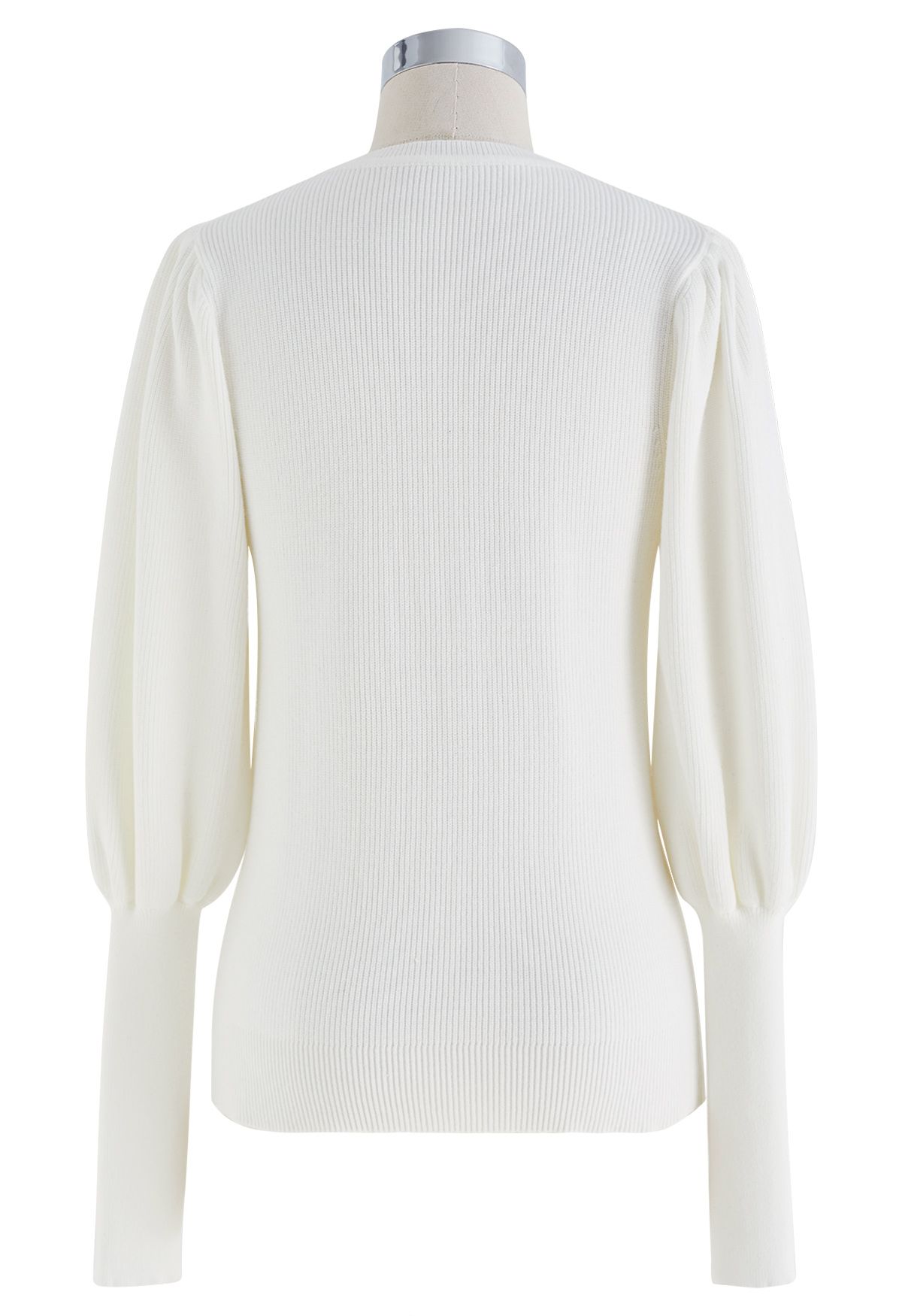 Bubble Sleeves Button Trimmed Knit Top in White