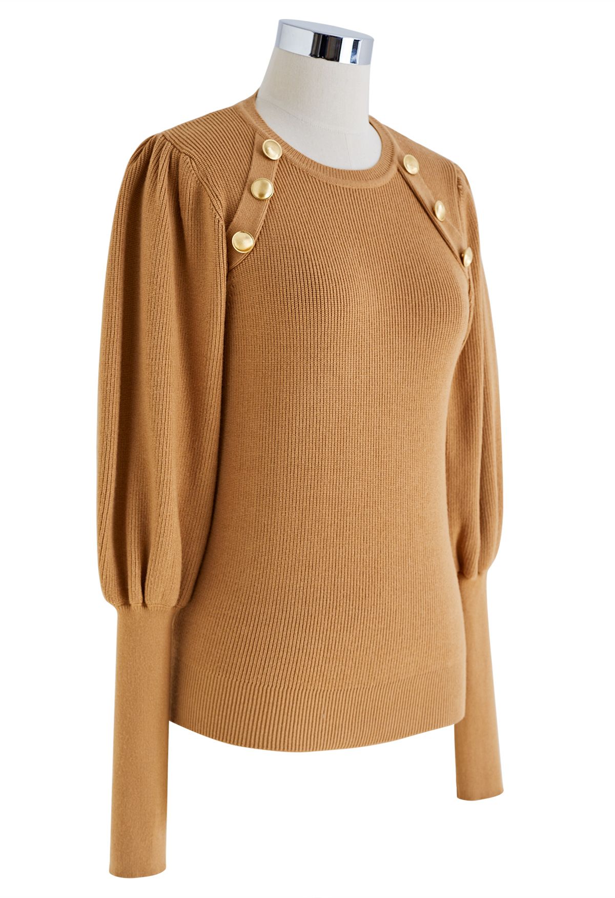 Bubble Sleeves Button Trimmed Knit Top in Tan