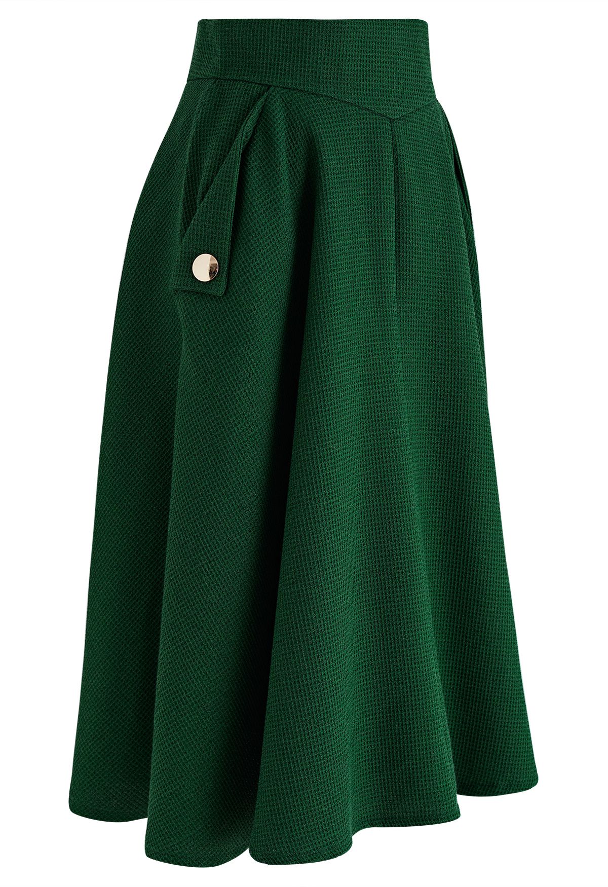 Waffle Texture A-Line Midi Skirt in Dark Green