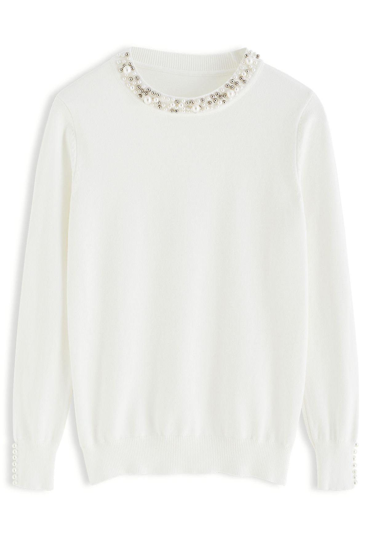 Pearl Trimmed Soft Knit Top in White