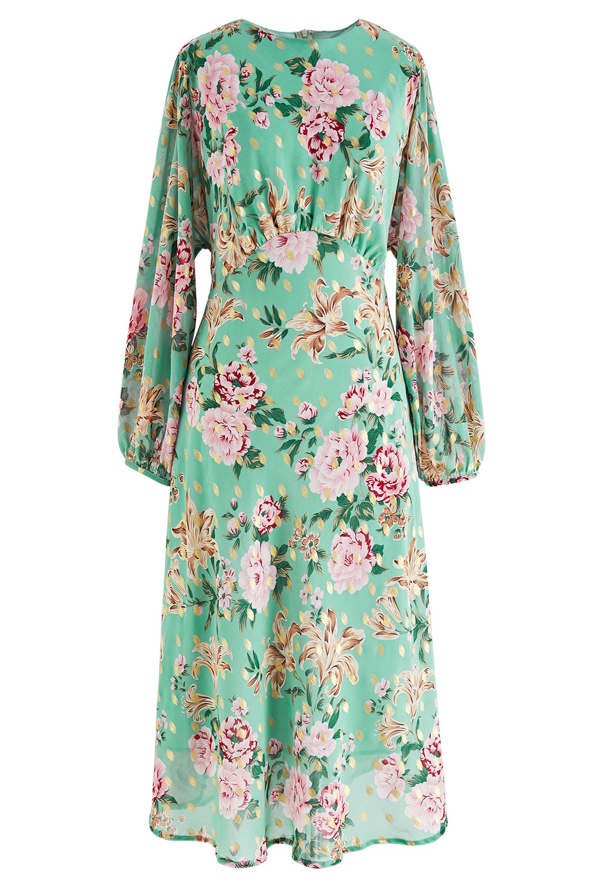 Floral to See Midi Dress with Gold Spot in Mint