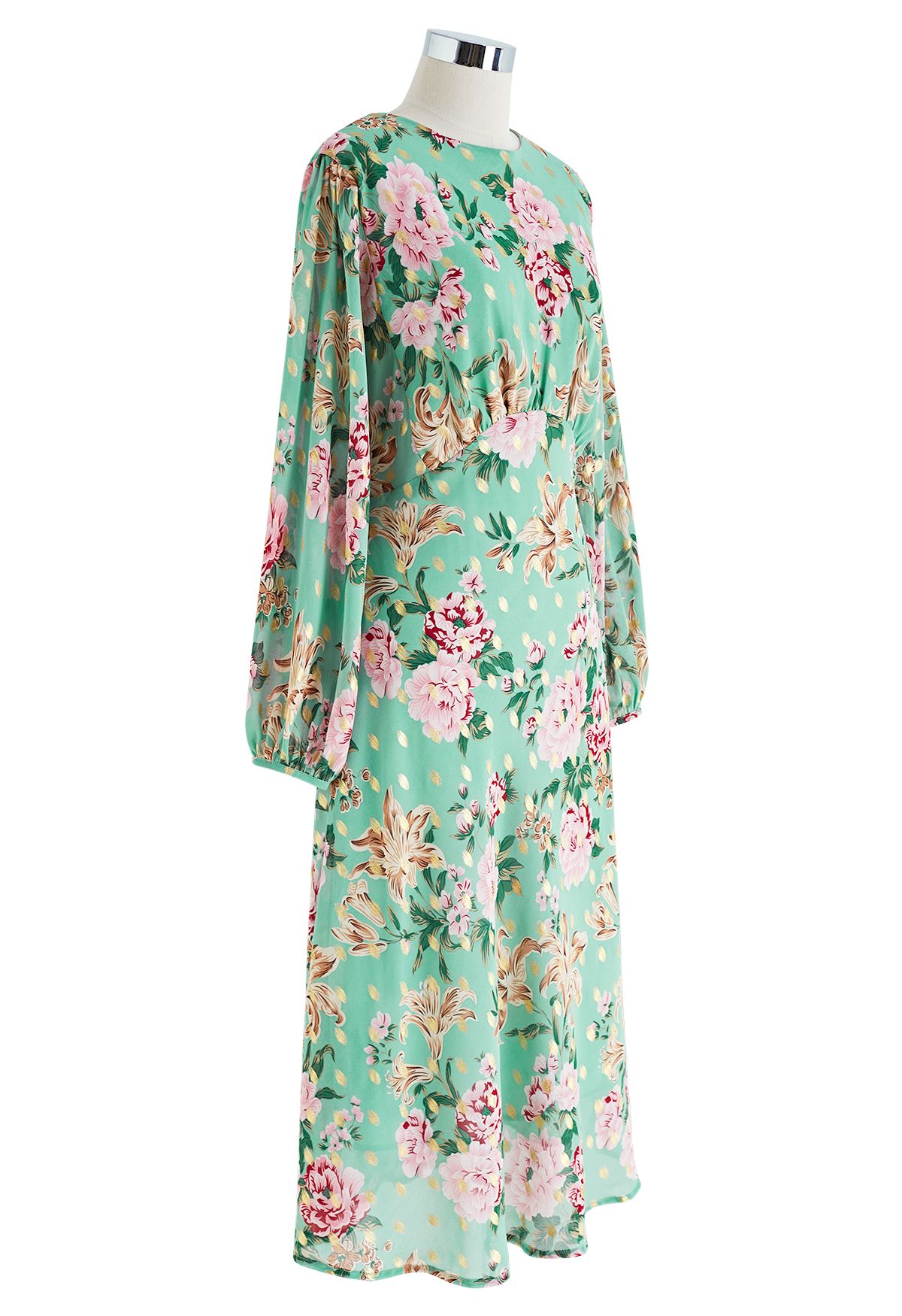 Floral to See Midi Dress with Gold Spot in Mint