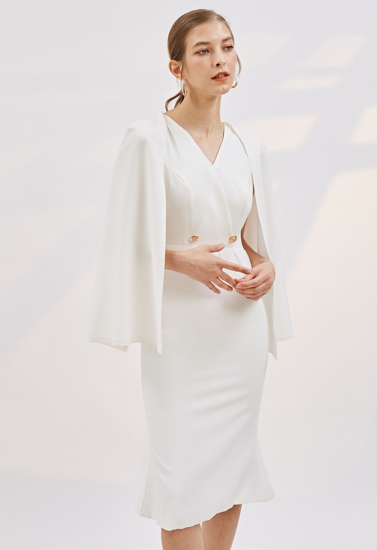 Golden Button Cape Sleeve Cocktail Dress in White