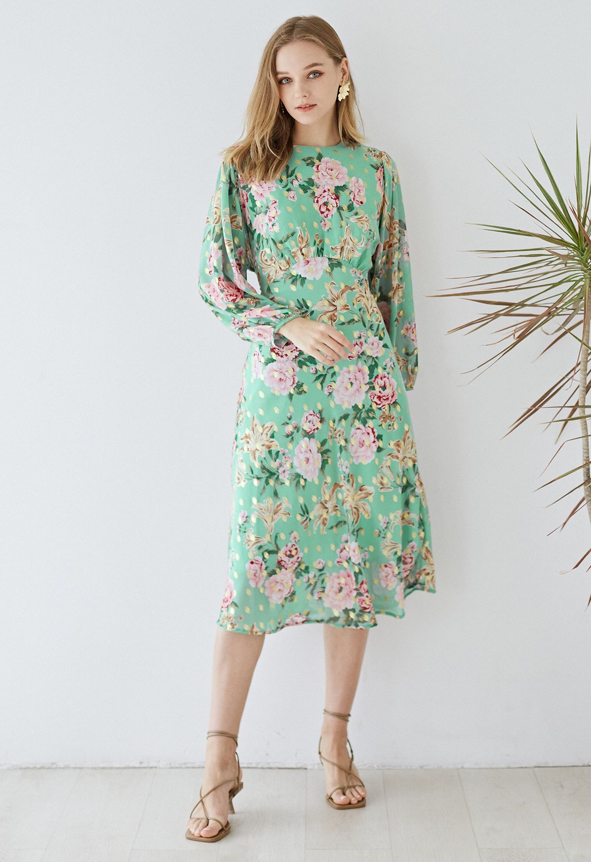 Floral to See Midi Dress with Gold Spot in Mint