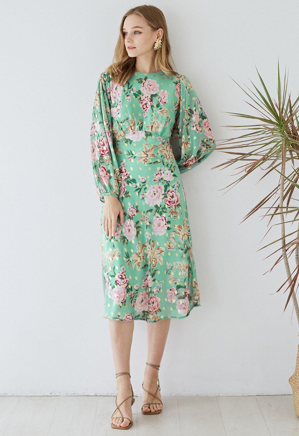 Floral to See Midi Dress with Gold Spot in Mint