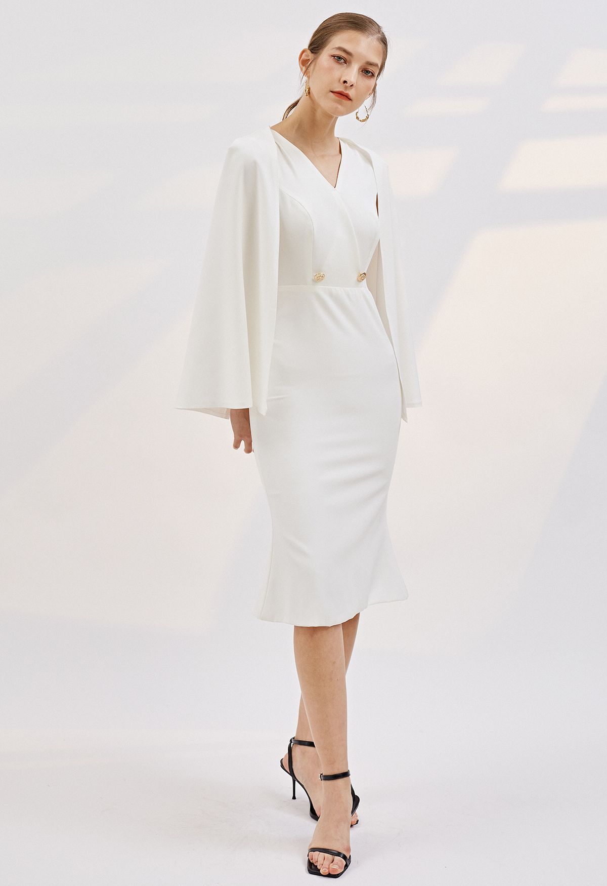 Golden Button Cape Sleeve Cocktail Dress in White