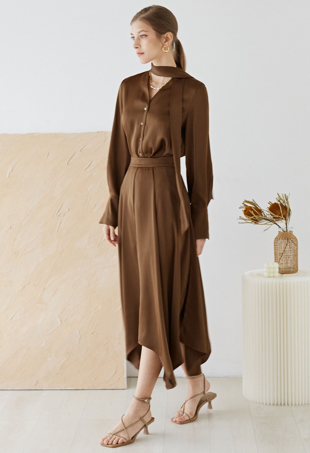 Asymmetric Hem Double Slit Satin Skirt in Brown