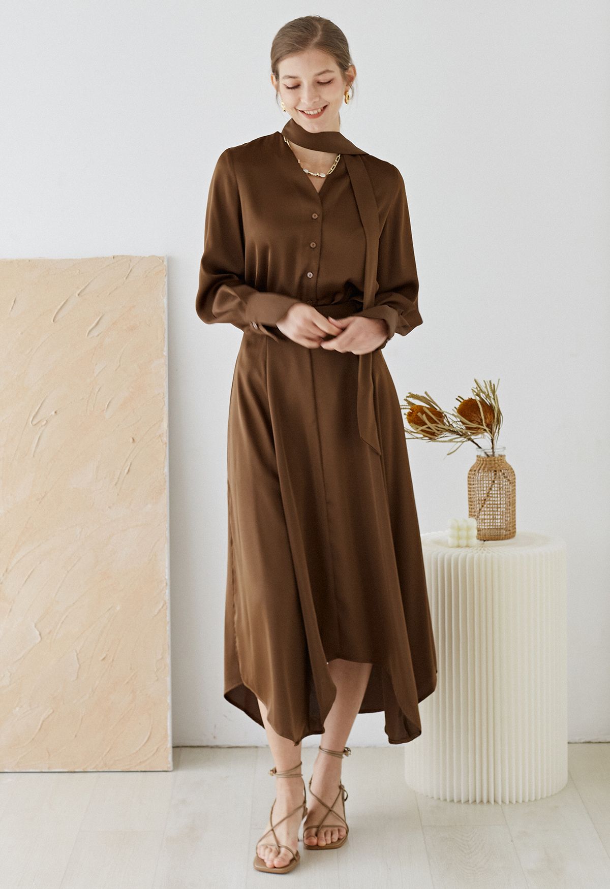Asymmetric Hem Double Slit Satin Skirt in Brown