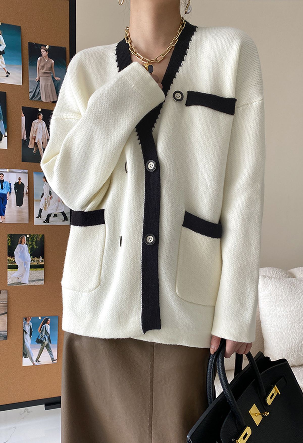 Double-Breasted Contrast Color Cardigan in Ivory