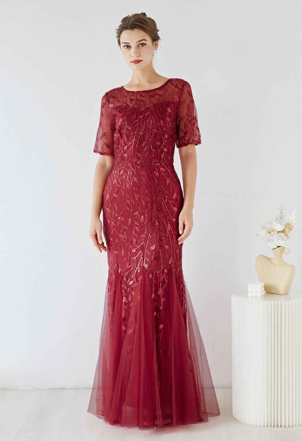 Leaves Branch Sequined Mesh Panelled Gown in Burgundy