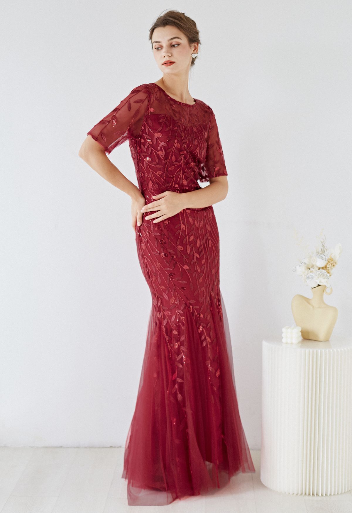 Leaves Branch Sequined Mesh Panelled Gown in Burgundy