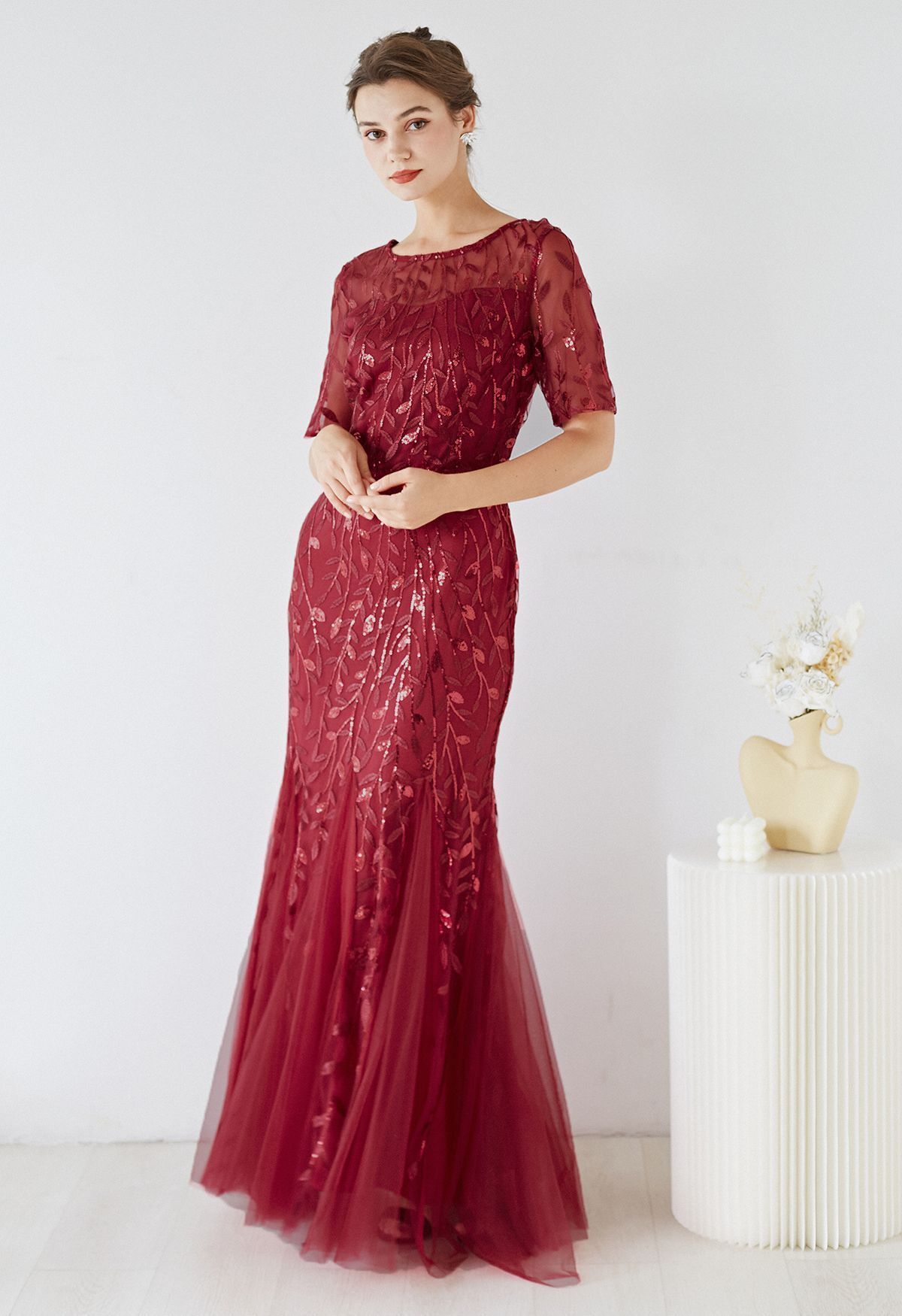 Leaves Branch Sequined Mesh Panelled Gown in Burgundy