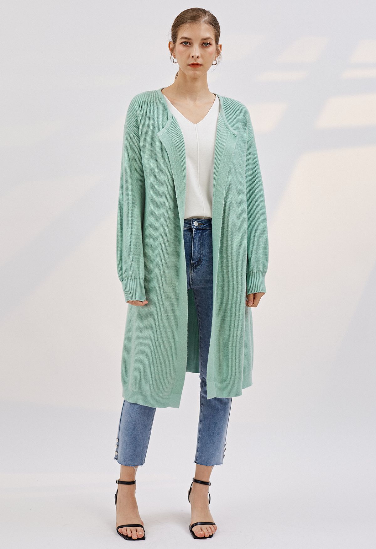 Open Front Longline Knit Cardigan in Turquoise