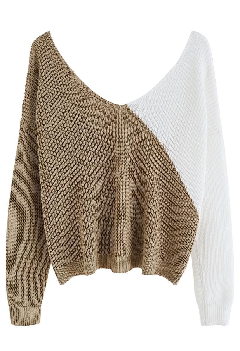 V-Neck Twist Front Two-Tone Sweater in Camel