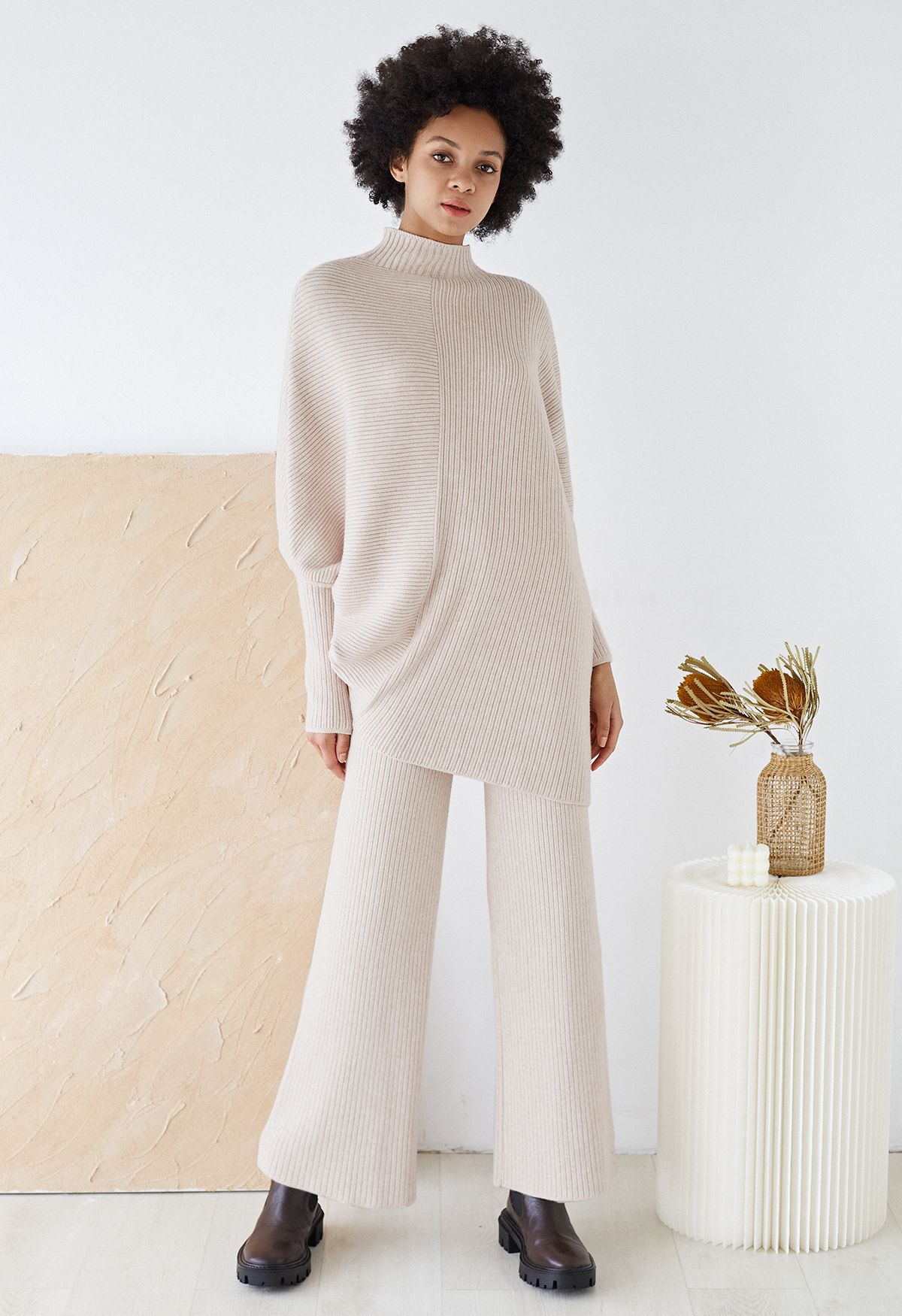 Asymmetric Batwing Sleeve Sweater and Pants Knit Set in Light Tan