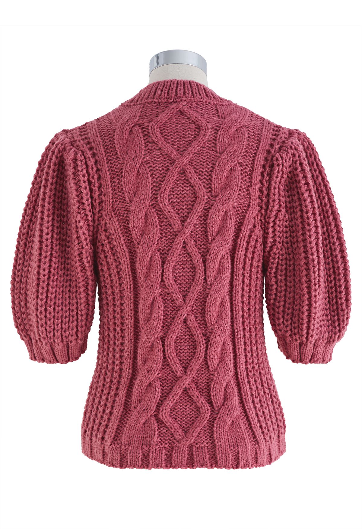 Bubble Sleeve Braided Ribbed Sweater in Magenta
