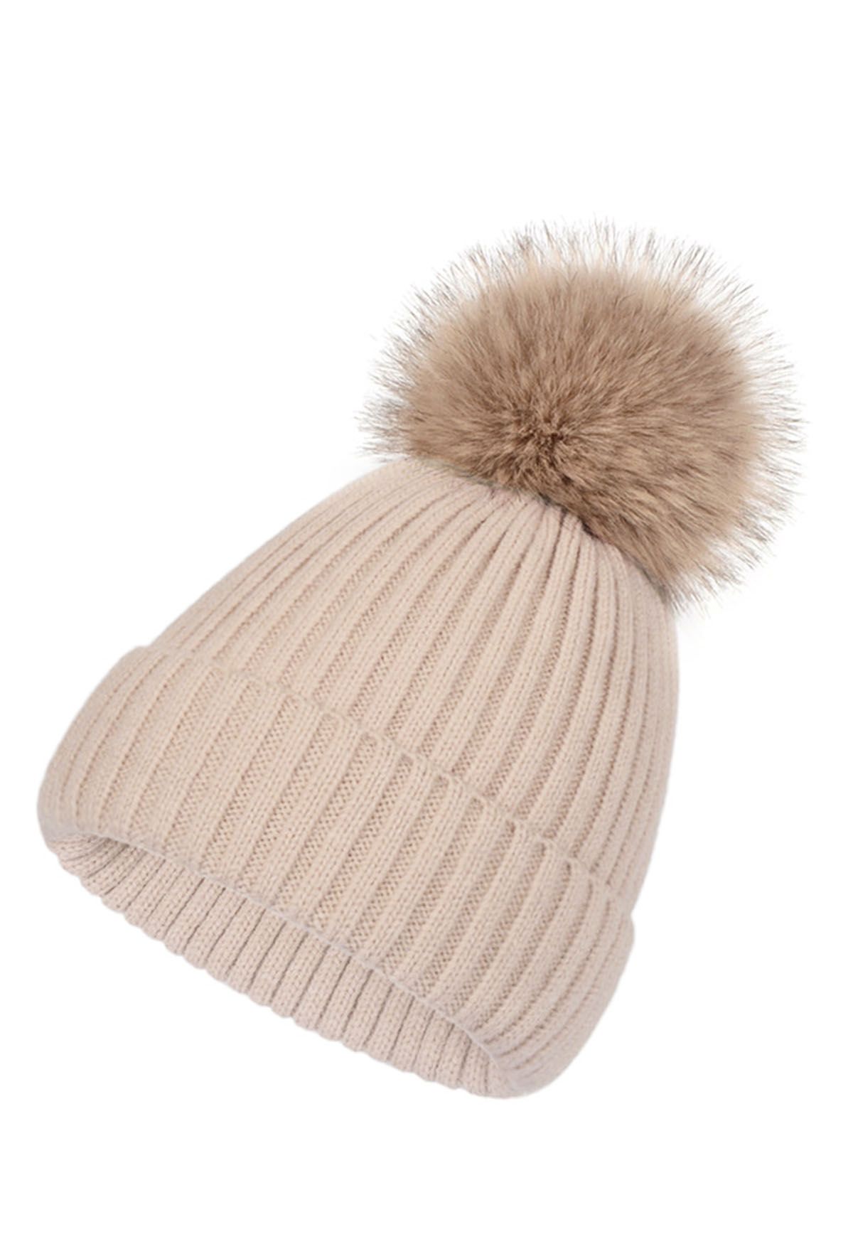 Pom-Pom Ribbed Knit Beanie Hat in Sand