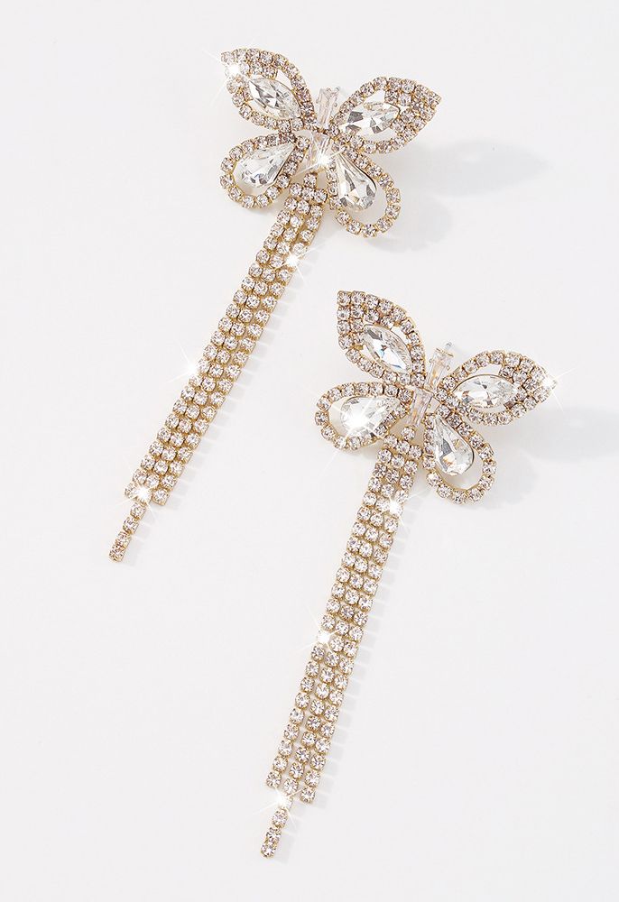 Full Diamond Butterfly Tassel Drop Earrings