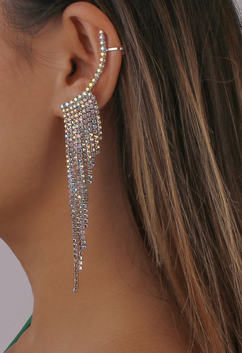 Glittering Wing Tassel Drop Earrings in Silver