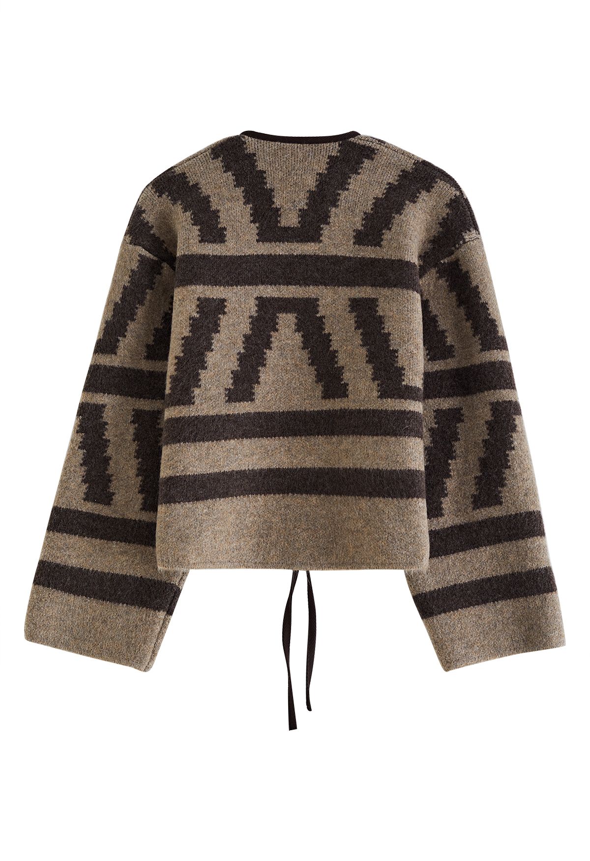 Tie-String Open Front Striped Knit Cardigan in Brown