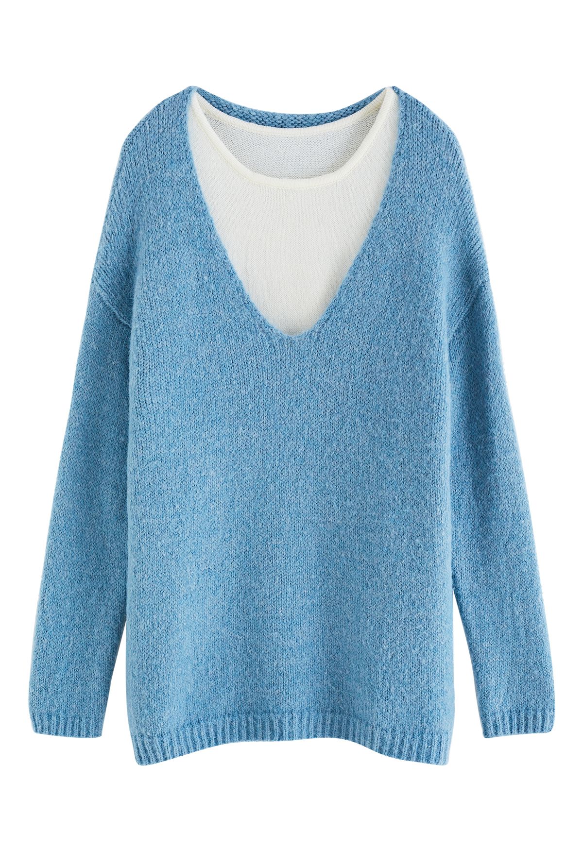 Contrast Tank Top and V-Neck Sweater Set in Blue