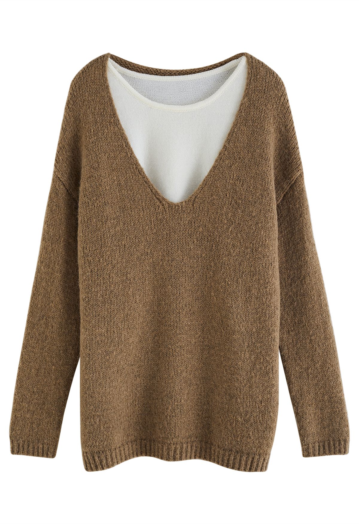 Contrast Tank Top and V-Neck Sweater Set in Brown