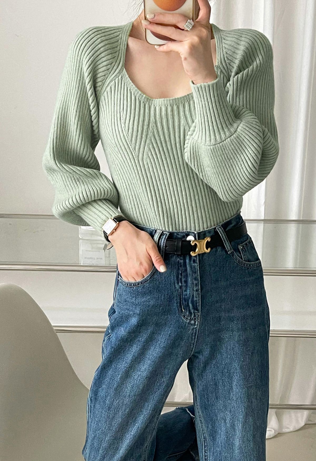 Wide Round Neck Rib Knit Top in Mint