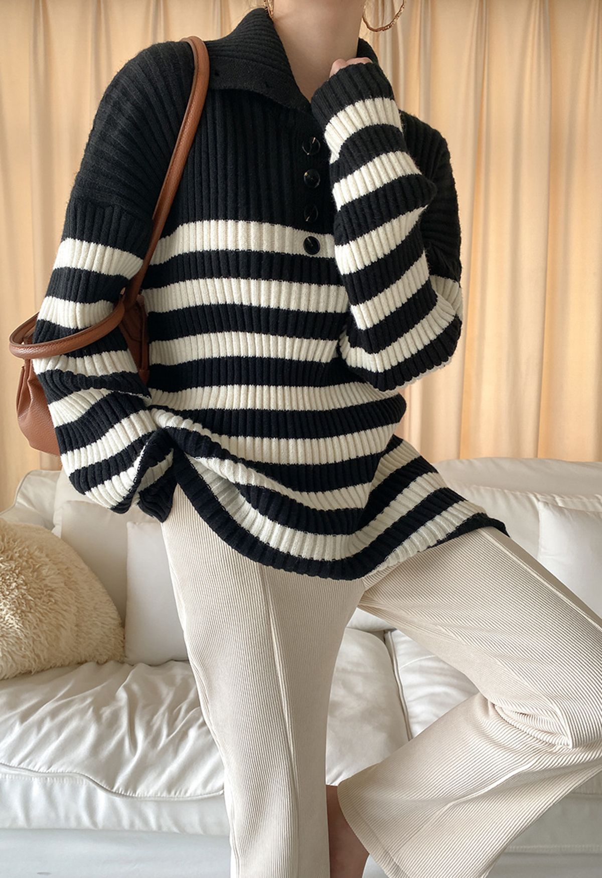 Stripes Buttoned High Neck Knit Sweater in Black