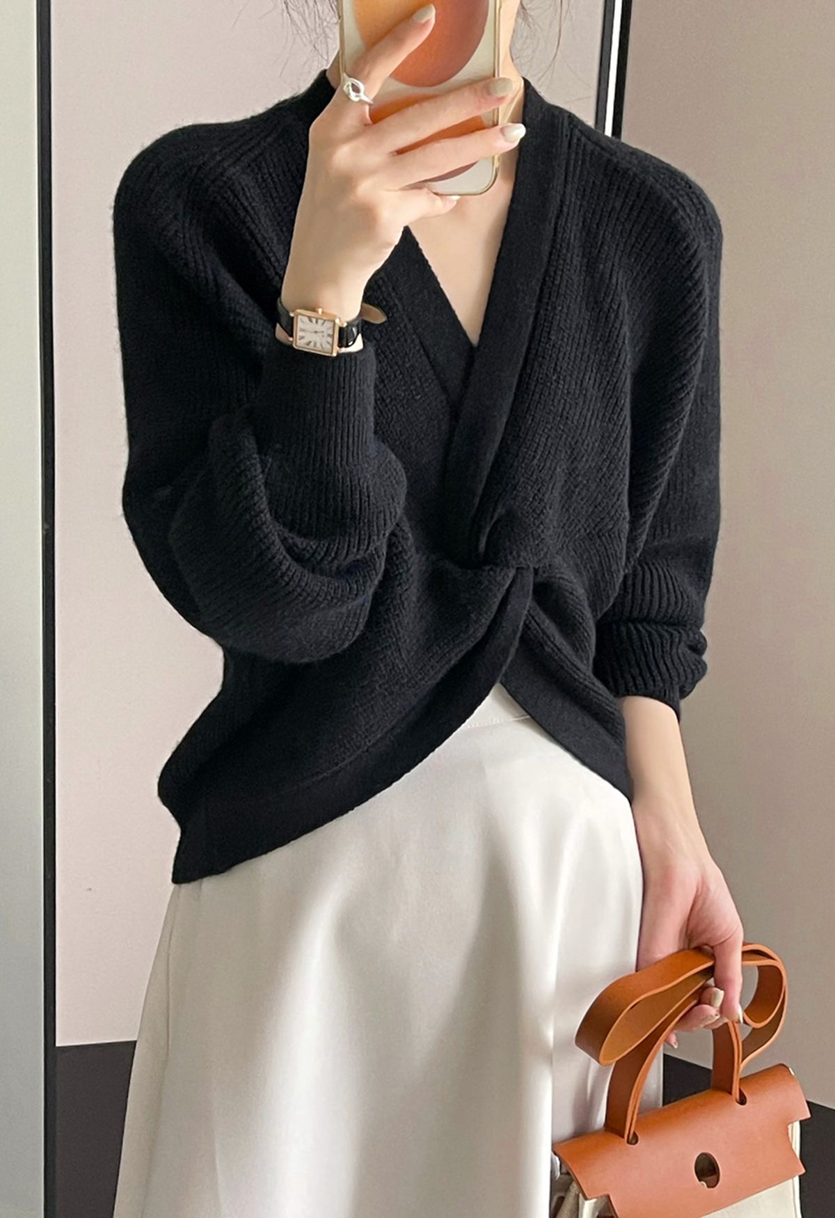 Twist Front Solid Color Sweater in Black