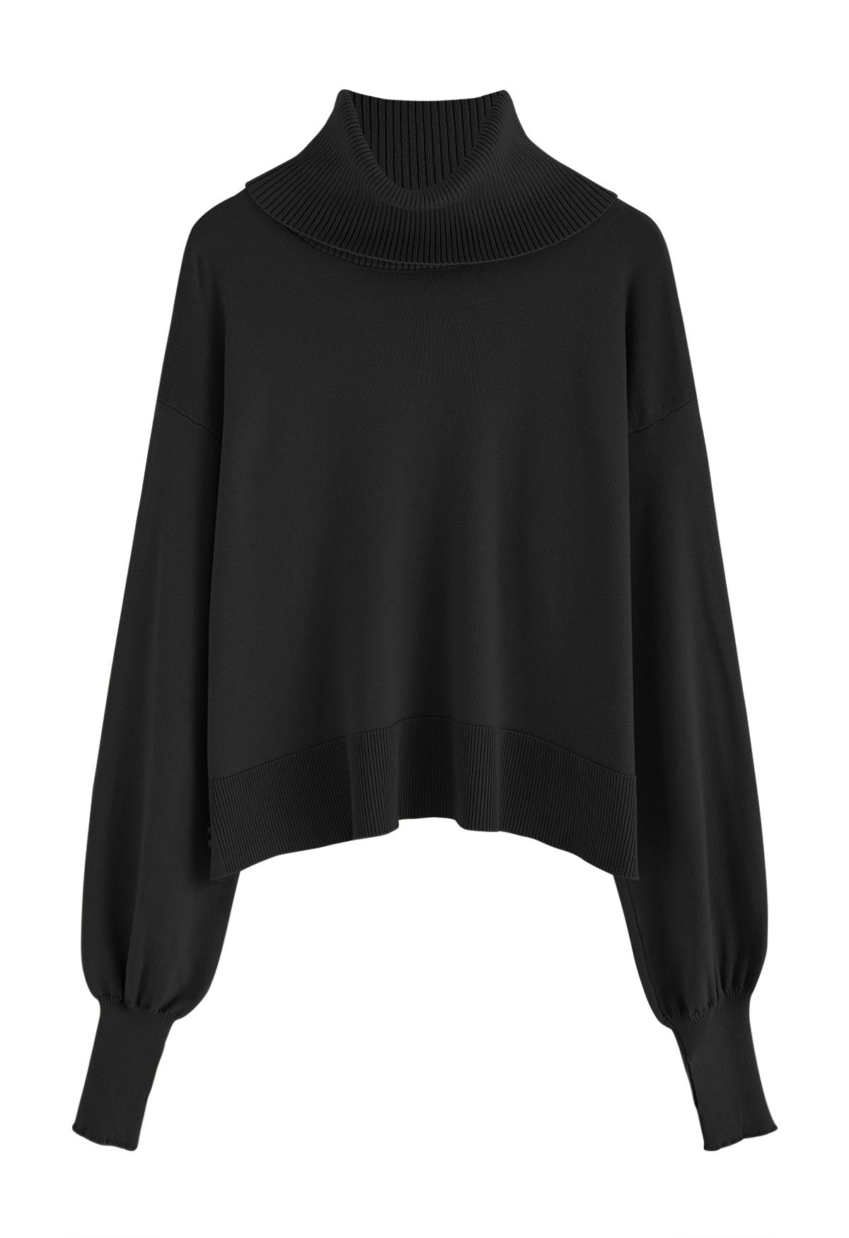 Turtleneck Side Buttons Slouchy Knit Top in Black