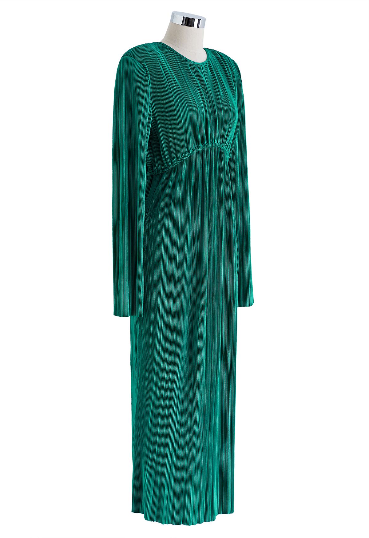 Pad Shoulder Open Back Plisse Midi Dress in Emerald