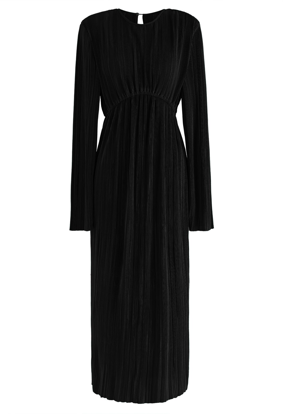 Pad Shoulder Open Back Plisse Midi Dress in Black