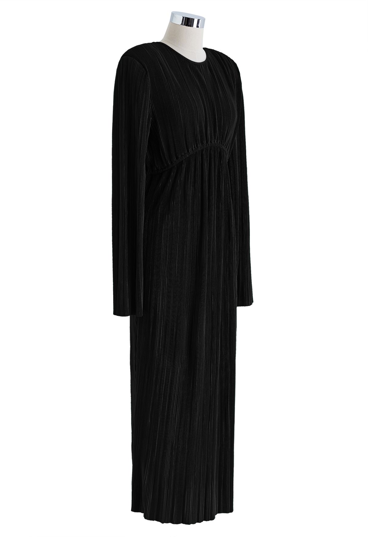 Pad Shoulder Open Back Plisse Midi Dress in Black