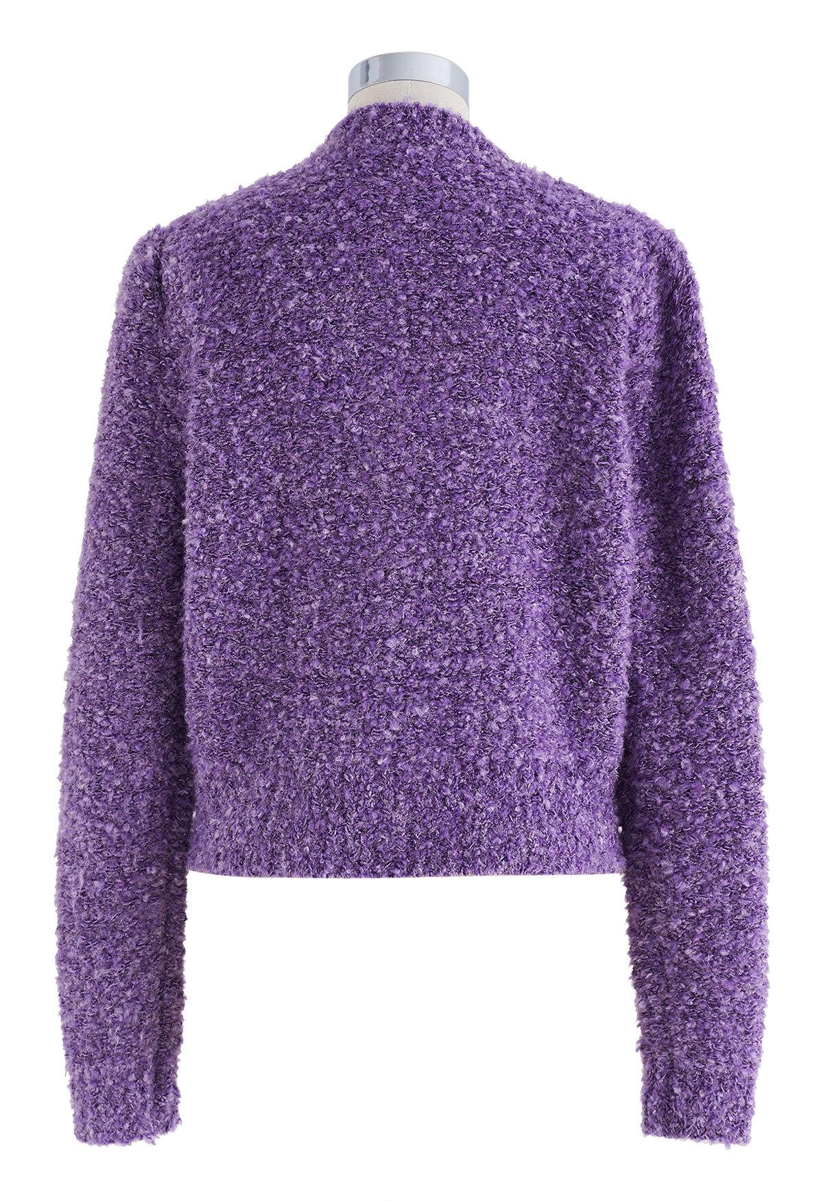 Pearly Button Shimmer Fuzzy Crop Cardigan in Purple