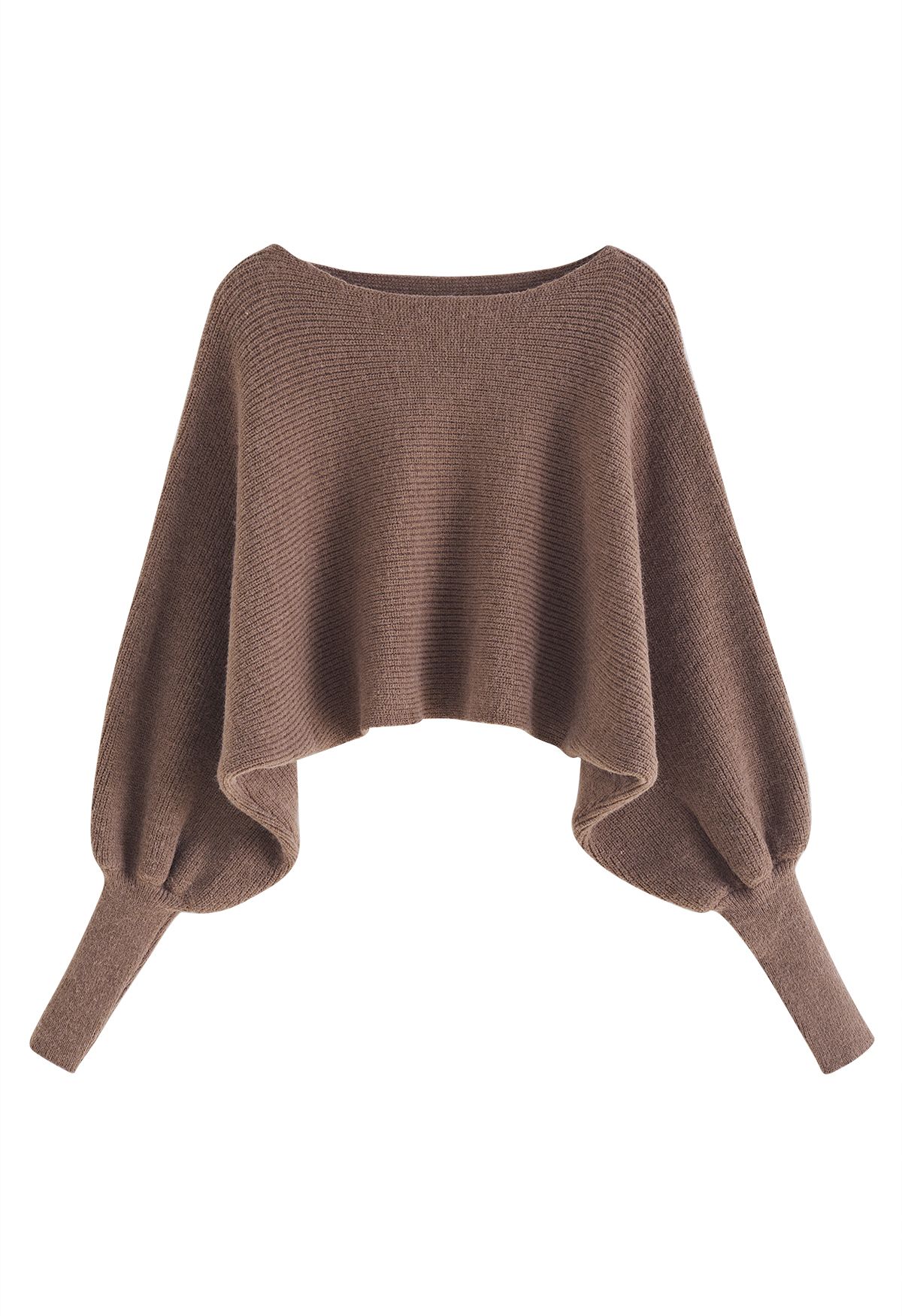 Exaggerated Bubble Sleeve Boat Neck Knit Top in Brown