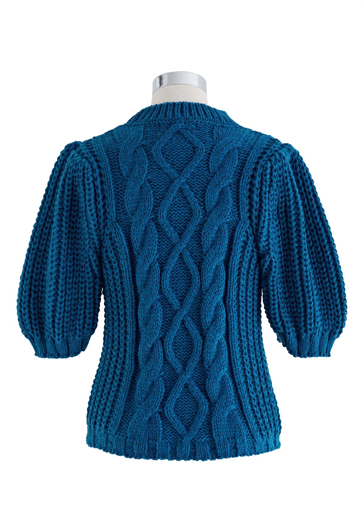 Bubble Sleeve Braided Ribbed Sweater in Indigo