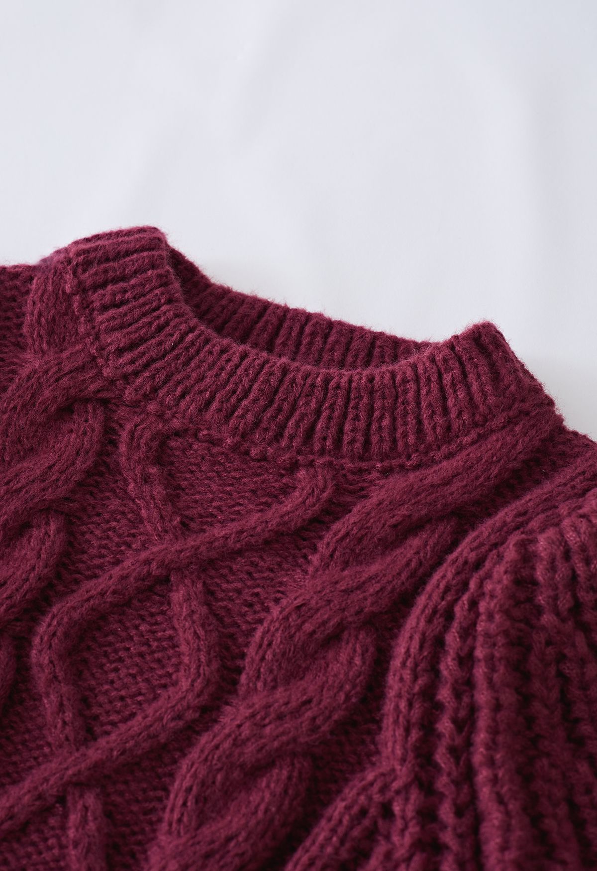 Bubble Sleeve Braided Ribbed Sweater in Burgundy
