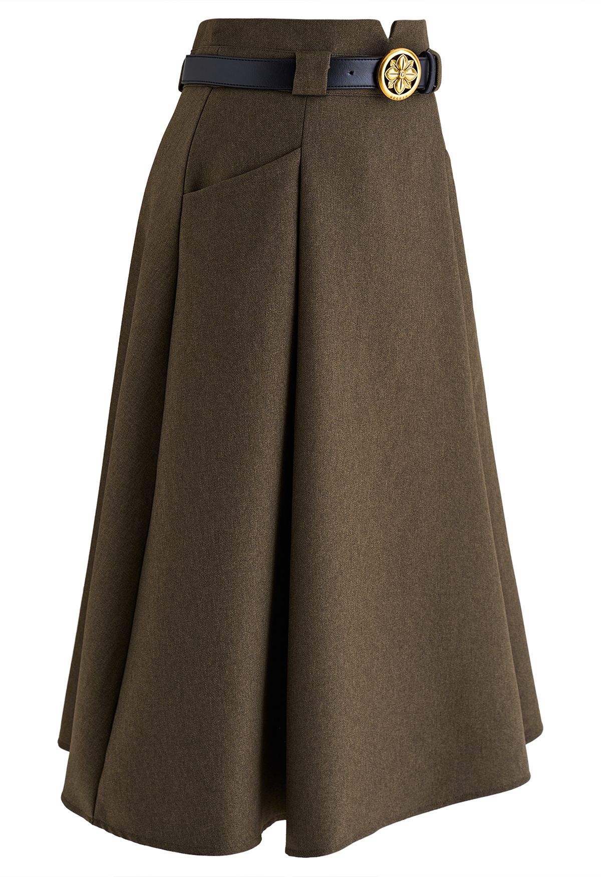 Belted Front Pocket Pleated Midi Skirt in Moss Green