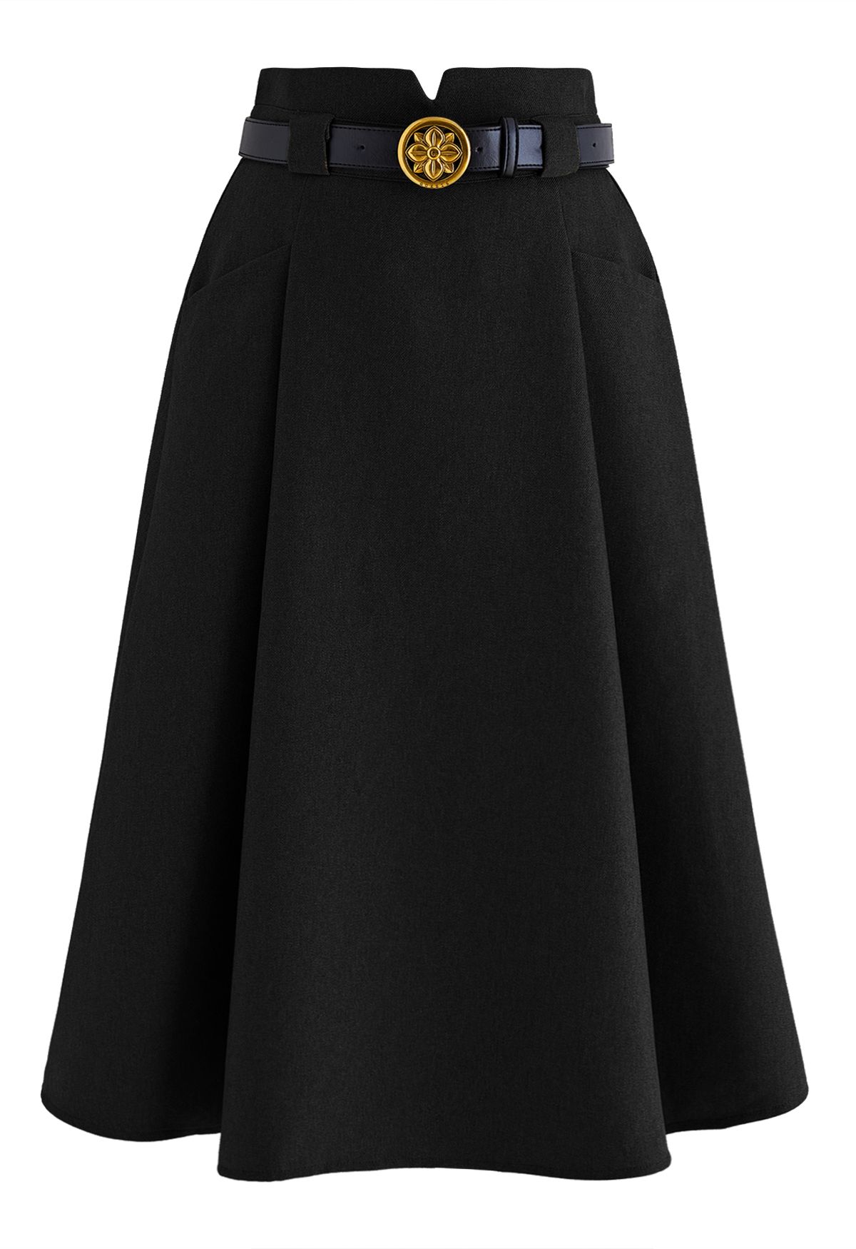 Belted Front Pocket Pleated Midi Skirt in Black