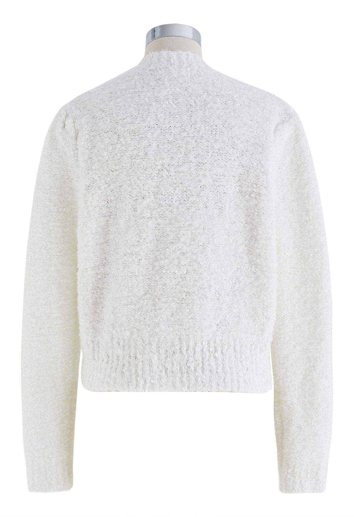 Pearly Button Shimmer Fuzzy Crop Cardigan in White