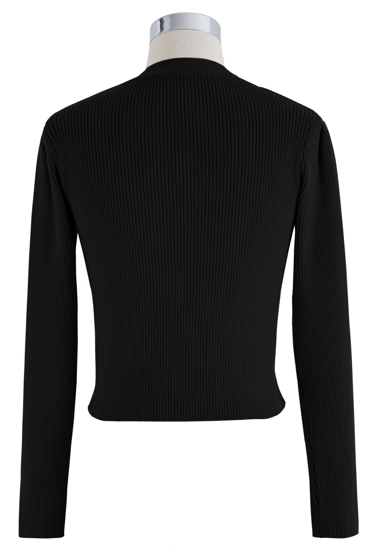 Heart-Shape Buttons Square Neck Knit Top in Black