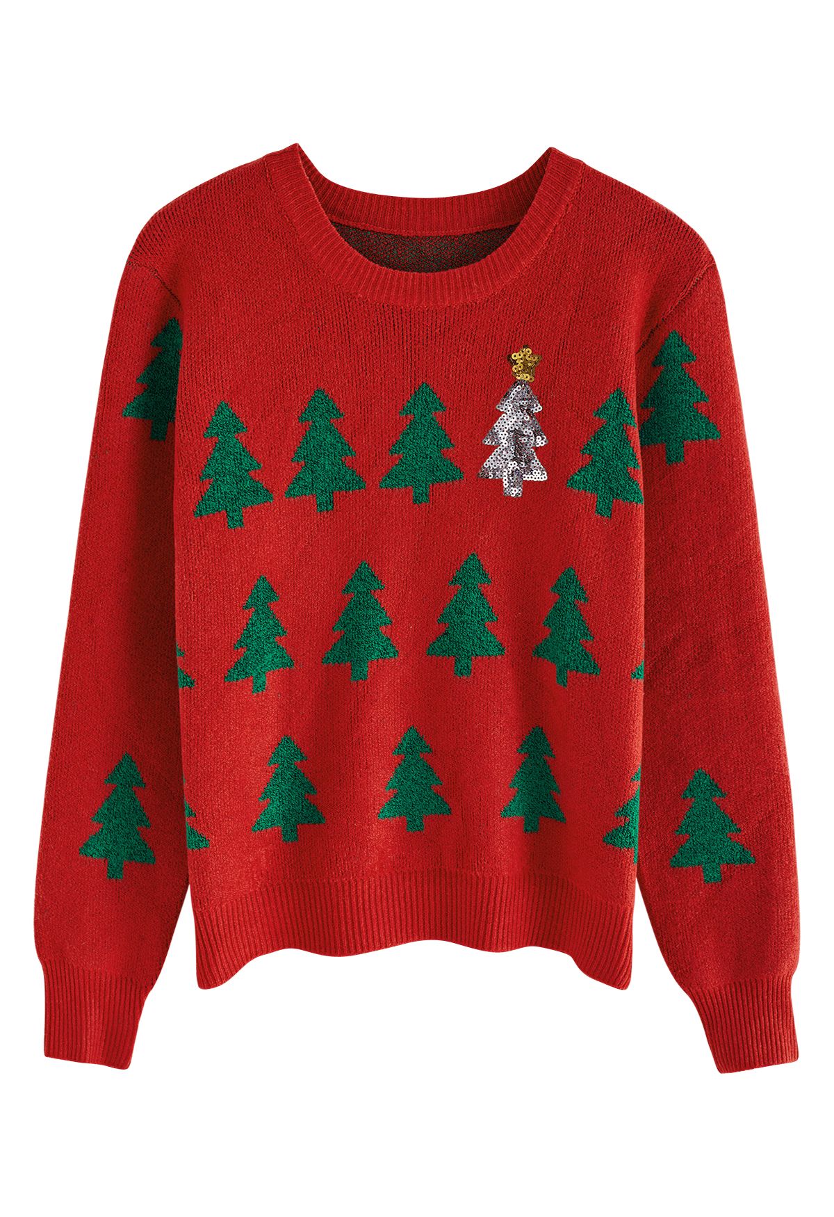 Sequined Christmas Tree Knit Sweater in Red