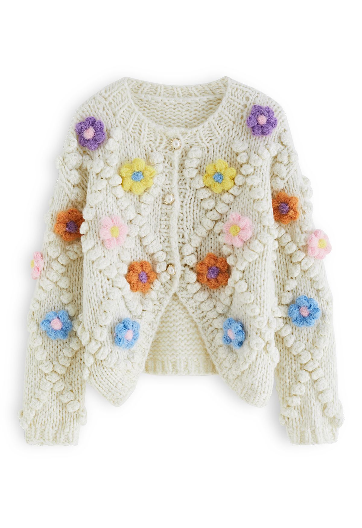 Button Up Floral Pom-Pom Knit Cardigan