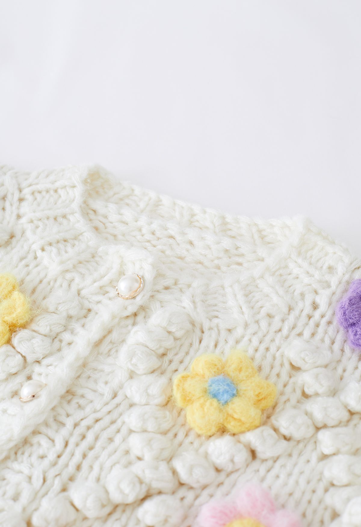 Button Up Floral Pom-Pom Knit Cardigan